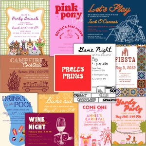 Collage of colorful Prell’s Prints invitation templates including game night, fiesta, wine night, and pink pony party designs surrounding red Prell’s Prints logo.