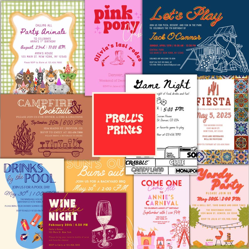 Collage of colorful Prell’s Prints invitation templates including game night, fiesta, wine night, and pink pony party designs surrounding red Prell’s Prints logo.