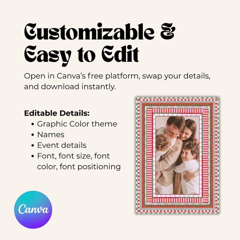 Editable Canva template advertisement showing Oh What Fun Christmas card with pink striped frame and text promoting customizable details like color theme, names, and fonts.