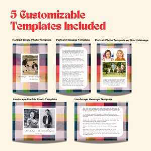 May include: Five customizable holiday card templates featuring a plaid background with different photo and message layouts. The templates include a portrait single photo, portrait message, portrait photo with short message, landscape double photo, and landscape message.