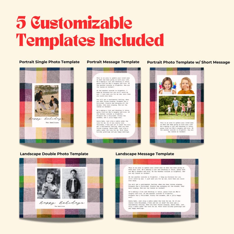 May include: Five customizable holiday card templates featuring a plaid background with different photo and message layouts. The templates include a portrait single photo, portrait message, portrait photo with short message, landscape double photo, and landscape message.