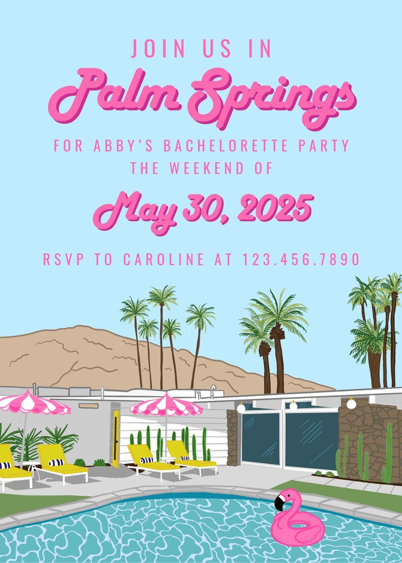 Palm Springs mid-century modern house bachelorette or pride pool party invitation