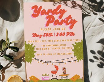 May include: Pink "Yard Party" invitation with orange text and illustrations of a grill, yard games, and string lights. The invitation includes the date, time, and location for a backyard party.