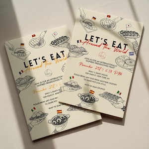 Może przedstawiać: Dwa kremowe zaproszenia z napisem "Let's Eat Around the World" i ilustracjami różnych potraw. Zaproszenia zawierają szczegóły międzynarodowego święta Friendsgiving 21 listopada o godzinie 18:30.
