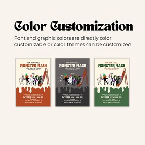 Three Monster Mash invitations displayed side by side in different color themes: tan and orange, black and gray, and green and cream. Text explains that font and graphic colors are customizable.