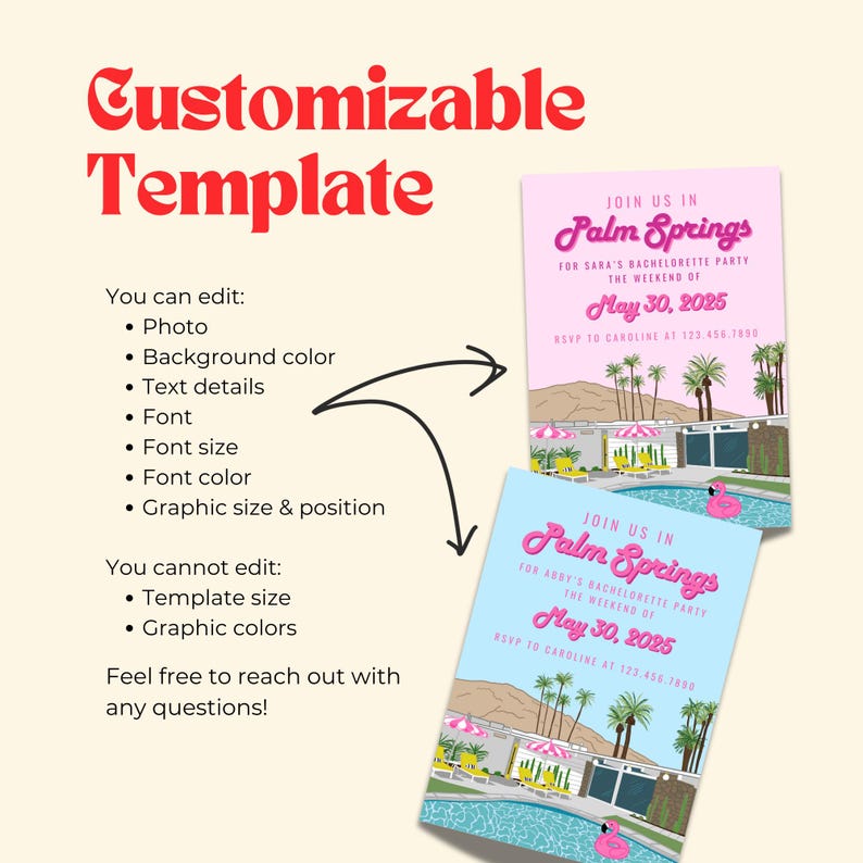 Customizable Palm Springs bachelorette party invitation with mobile evite template