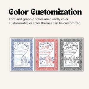 Image displaying three versions of a Western-themed invitation side by side in navy, red, and black color palettes. The heading “Color Customization” appears above, with text explaining that fonts and graphics can be customized by color theme. Each invitation features a cowboy illustration and paisley bandana-style border.