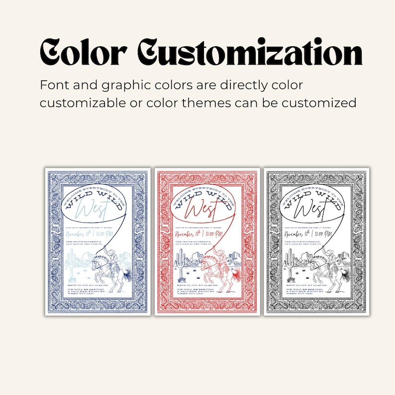 Image displaying three versions of a Western-themed invitation side by side in navy, red, and black color palettes. The heading “Color Customization” appears above, with text explaining that fonts and graphics can be customized by color theme. Each invitation features a cowboy illustration and paisley bandana-style border.