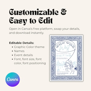 Graphic showing a blue Western-themed invitation next to bold black text that reads “Customizable & Easy to Edit.” The text explains that the template is editable in Canva, allowing users to update names, event details, and colors. Canva logo appears in the bottom left corner, and the design features a cowboy on horseback with a paisley border.