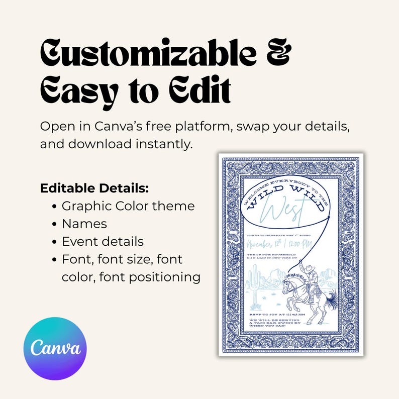 Graphic showing a blue Western-themed invitation next to bold black text that reads “Customizable & Easy to Edit.” The text explains that the template is editable in Canva, allowing users to update names, event details, and colors. Canva logo appears in the bottom left corner, and the design features a cowboy on horseback with a paisley border.