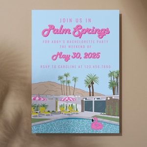 Palm Springs bachelorette or fun party weekend invitation template with mid century modern house illustration