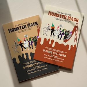 Two printed Monster Mash invitations on a beige surface, one with a tan background and one with an off-white background.