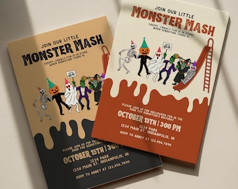Modelo de convite para festa de Halloween com personagens desenhados à mão - tamanhos 4x6, 5x7 e para celular