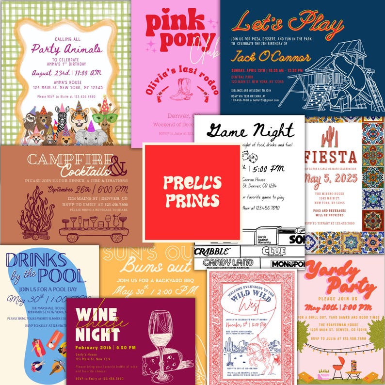 Colorful collage of Prell’s Prints invitation designs including Wild Wild West, Party Animals, Pink Pony Club, Campfire & Cocktails, Game Night, Fiesta, and others surrounding the red Prell’s Prints logo in the center.