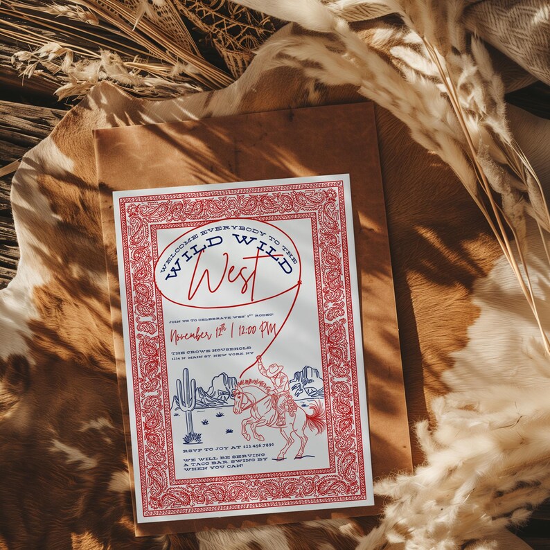 Western-themed party invitation mockup featuring a red and navy “Wild Wild West” design laid on top of a brown envelope and rustic background with cowhide texture, dried wheat, and pampas grass. The invite has a paisley bandana-style border and cowboy illustration, giving it a warm, Western, country vibe perfect for rodeo or cowboy-themed celebrations.