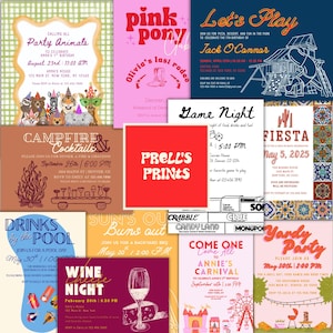 Colorful collage of invitation templates from Prell’s Prints. Designs include Wine Night, Pool Party, Carnival, Fiesta, Game Night, and more. Center square features a red background with “Prell’s Prints” in bold white text.