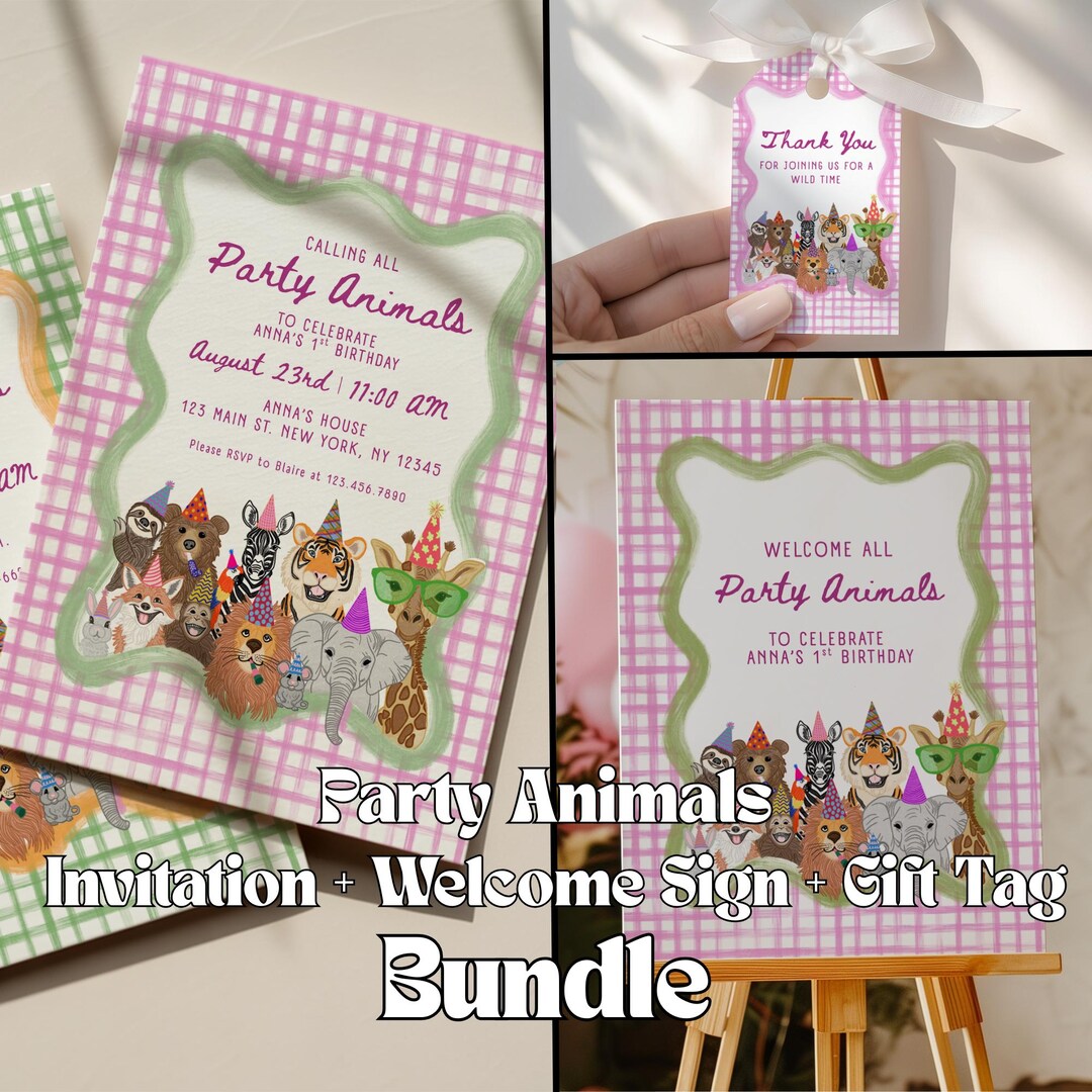 Spring Invitation Animals Party Animals Invitation, Welcome Sign and Gift Tag Bundle: Hand-drawn ...