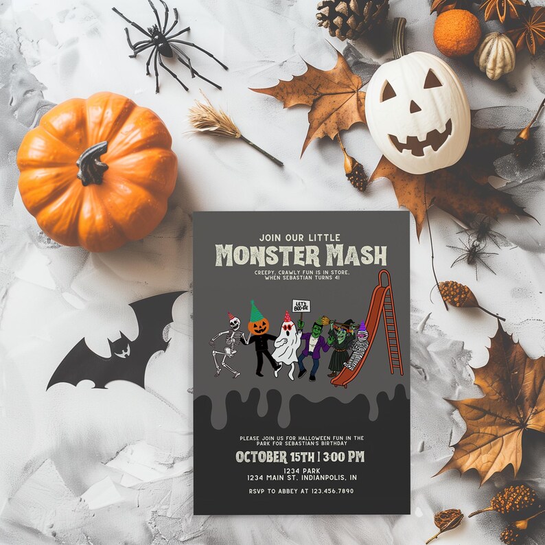 A gray Monster Mash invitation on a white background decorated with black bats, spiders, cobwebs, fall leaves, and pumpkins.