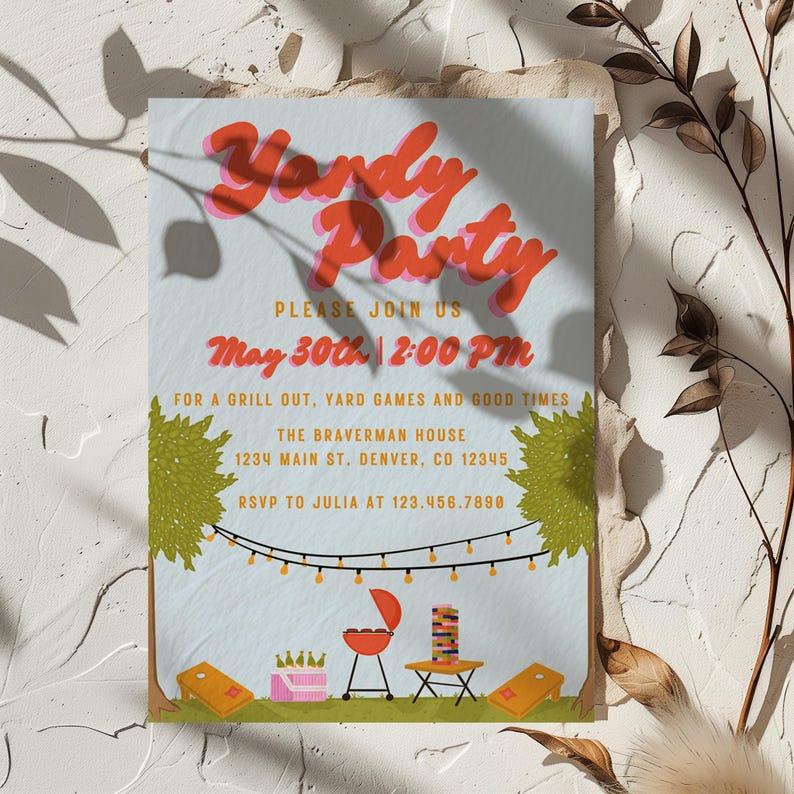 Backyard party invitation with customizable details backyard illustration