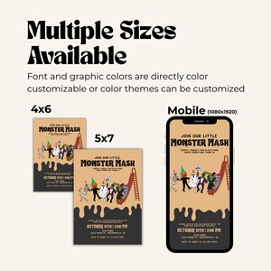 Monster Mash invitations displayed in three sizes: 4x6, 5x7, and mobile format (1080x1920). Text emphasizes multiple size options available for download.
