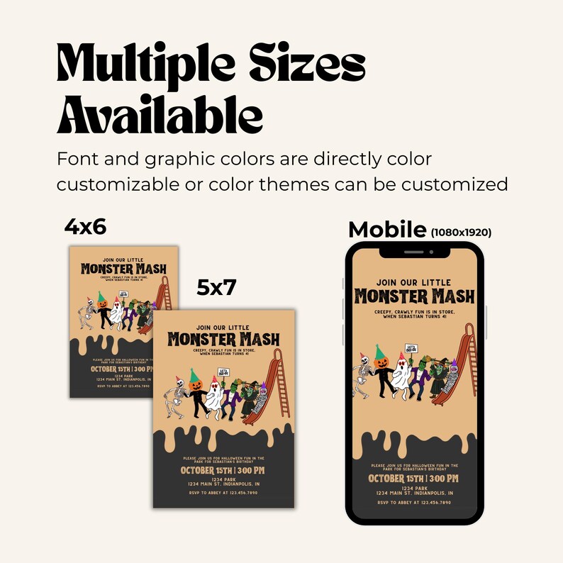 Monster Mash invitations displayed in three sizes: 4x6, 5x7, and mobile format (1080x1920). Text emphasizes multiple size options available for download.