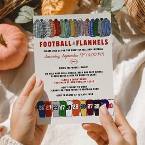 May include: A cream-coloured invitation with the text "FOOTBALL & FLANNELS" in red. The invitation includes details for a fall football event, with a date and time. The invitation is decorated with flannel shirts and football jerseys.