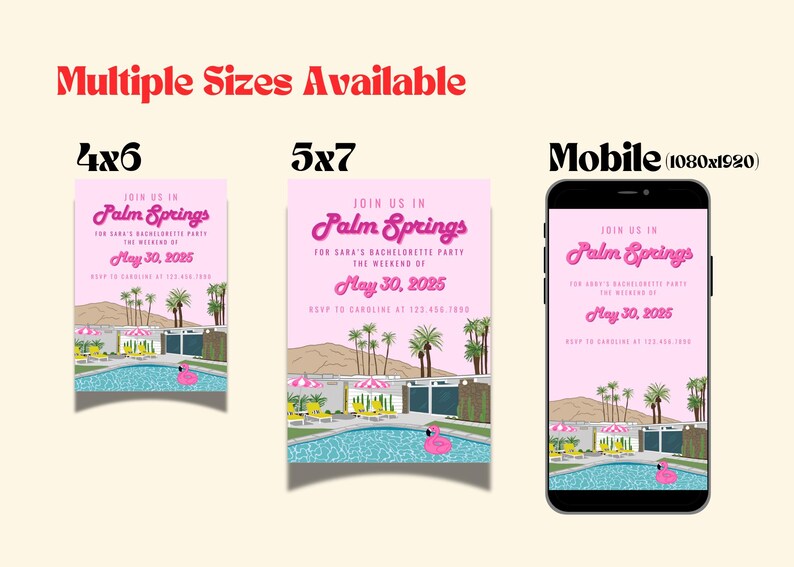 Multiple sizes of evite or mobile invite for Palm Springs Bachelorette Party