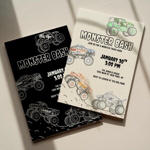 Könnte beinhalten: Zwei Einladungen für eine "Monster Bash"-Veranstaltung. Eine ist schwarz mit weißen Monster-Truck-Illustrationen und Text. Die andere ist cremefarben mit farbenfrohen Monster-Truck-Zeichnungen und Veranstaltungsdetails.