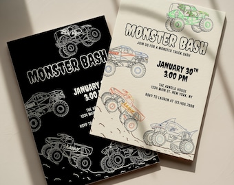 Handgezeichnete Monstertruck Geburtstagsparty Einladungs Vorlage - 10x15, 5x7 und Mobile Größen
