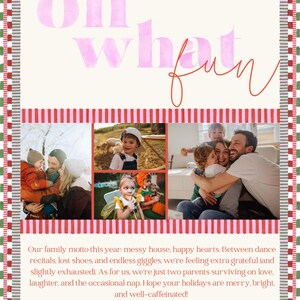 Back of Oh What Fun holiday photo card featuring pastel pink headline text, four small family photos, and a cheerful handwritten note in red script from ‘The Hellermans.’
