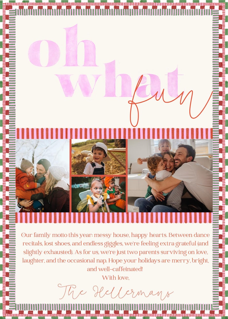 Back of Oh What Fun holiday photo card featuring pastel pink headline text, four small family photos, and a cheerful handwritten note in red script from ‘The Hellermans.’