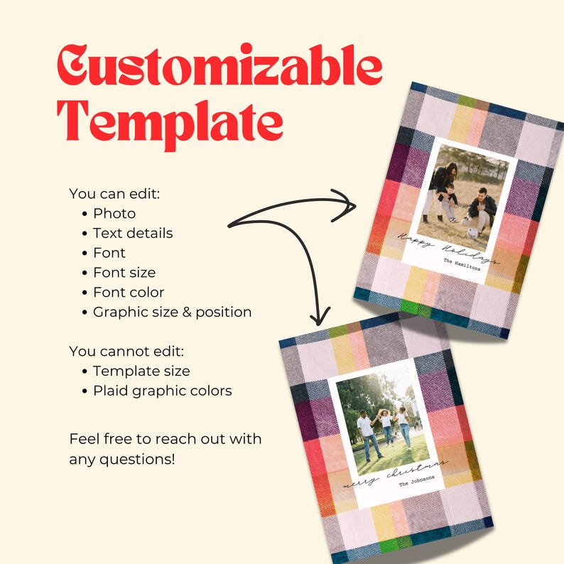 May include: Two customizable holiday card templates with plaid backgrounds and photos of families. The text on the cards reads "Happy Holidays" and "Merry Christmas".