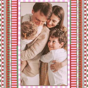 Close-up of front design for Oh What Fun Christmas photo card with bright red, pink, and green striped borders framing a family hugging. Minimal, modern festive style.