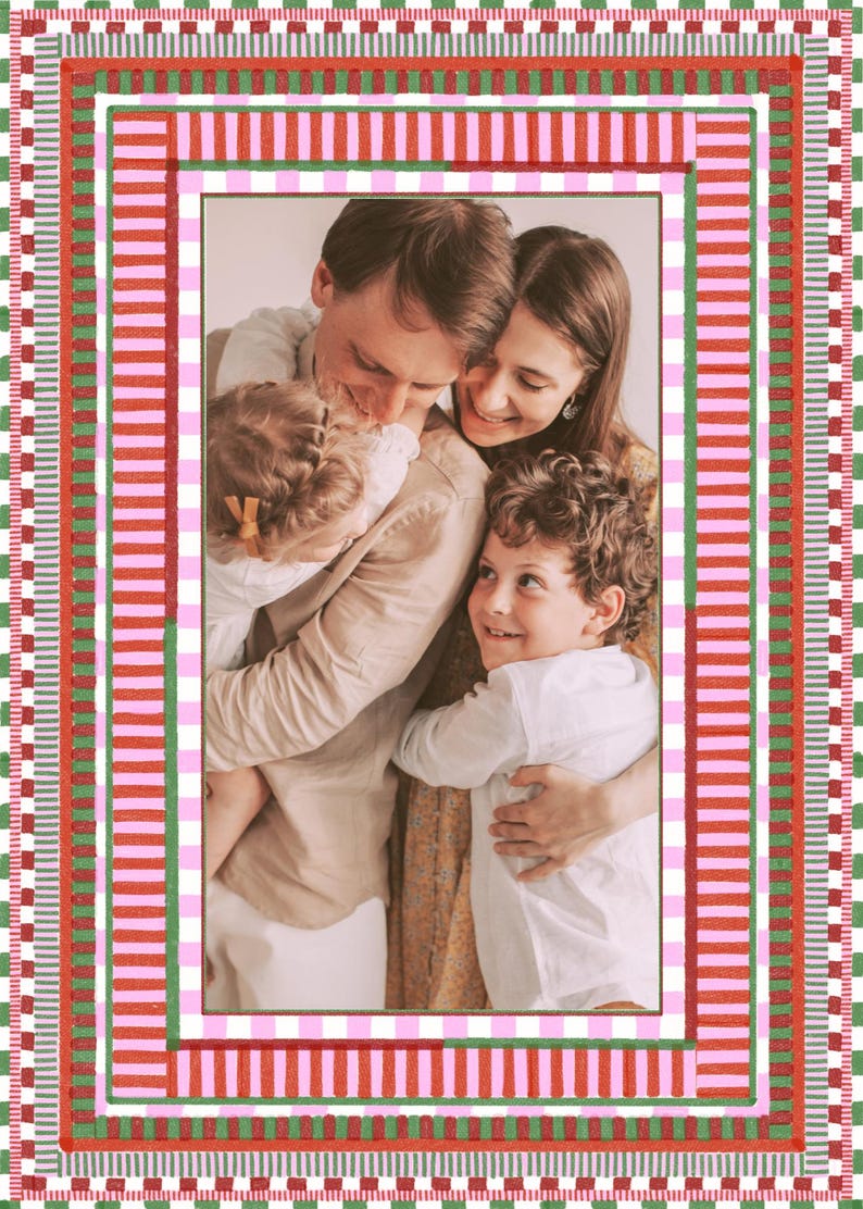 Close-up of front design for Oh What Fun Christmas photo card with bright red, pink, and green striped borders framing a family hugging. Minimal, modern festive style.