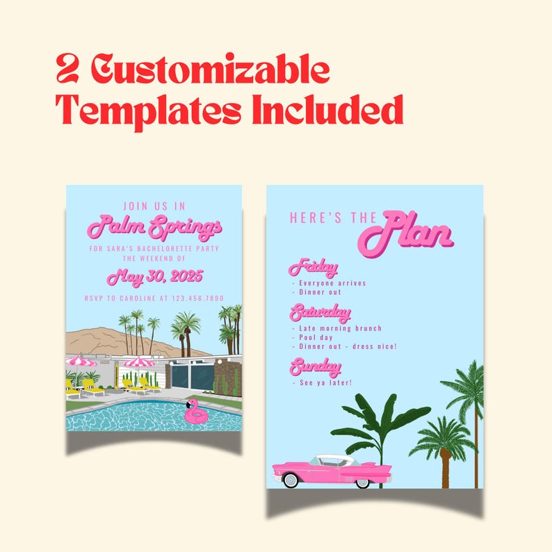 Mid century modern Palm Springs party invitation template with itinerary template