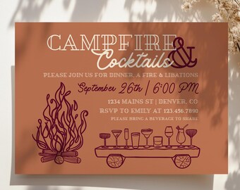 Campfire & Cocktails Invitation Template | Fall Party Invite | Rustic Bonfire Wedding Welcome | Editable Canva Download
