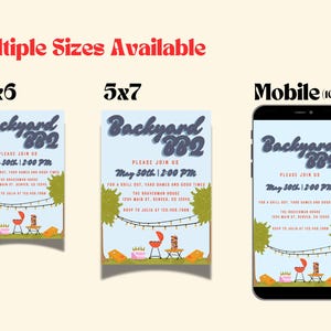 May include: Invitation design for a backyard BBQ, featuring the text "Backyard BBQ" in a stylized font. The invitation includes details like the date, time, and location, with illustrations of a grill, picnic table, and trees. Multiple sizes are available.