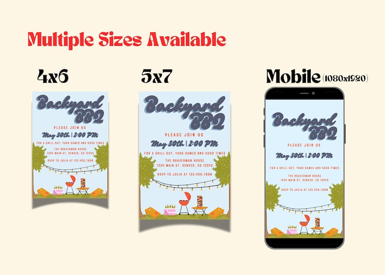 May include: Invitation design for a backyard BBQ, featuring the text "Backyard BBQ" in a stylized font. The invitation includes details like the date, time, and location, with illustrations of a grill, picnic table, and trees. Multiple sizes are available.