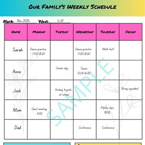Weekly Family activity planner - bright design,  portrait