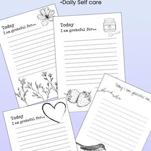 May include: Four printable gratitude notecards with black and white illustrations. The notecards feature a flower, a jar of jam, a heart, and a bird. Each notecard has the text "Today I am grateful for..." printed on it.