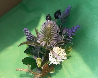 Scottish Thistle Lavender Buttonholes, Rustic Highland Wedding Groom Boutonniere