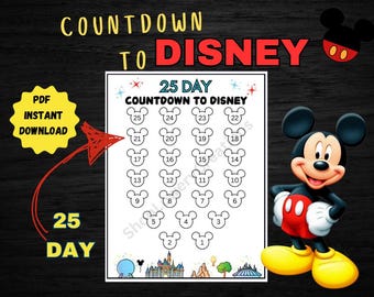 Calendario de cuenta regresiva imprimible para Disney, hoja de cuenta regresiva para Disney World, hoja de cuenta regresiva para Disneyland, calendario de cuenta regresiva, cuenta regresiva de Disney para niños