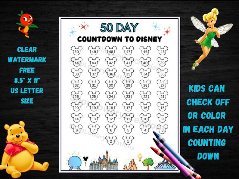 Countdown Check Off PRINTABLE COUNTDOWN to DISNEY, Disney World Countdown Sheet, Disneyland ...