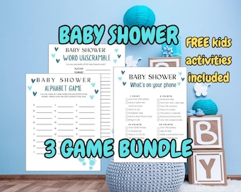 Baby Boy Shower Games Bundle Printable, Blue Baby Shower Games, 3 Games + Free Kids Activities, Baby Shower Game Pack, Instant Download PDF