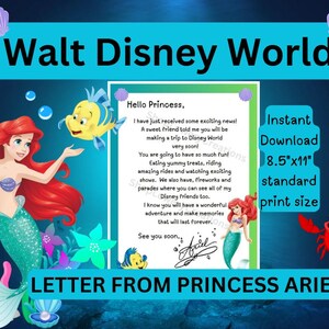 Carta imprimível Reveal WALT DISNEY WORLD da princesa Ariel, carta surpresa da princesa para a próxima viagem