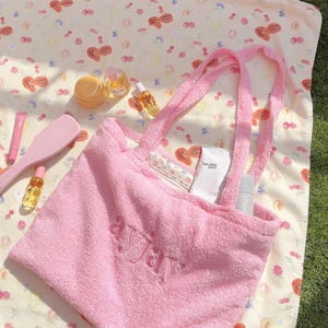 Pink Teddy Tote Bag Machine Washable Cotton Shoulder Laptop Bag Travel | Cute Gift for Her | Floral Pink Makeup Bag