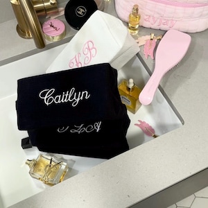Black Waffle Knit Personalized Name Make-Up Bag | Machine Washable | Cosmetics Bag Toiletry Pouch | @ayjaythelabel | Cute Gift for Her