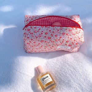 Handmade Red Floral Quilted Pink Make-Up Bag | Machine Washable | Cosmetics Bag Toiletry Pouch | ayjaythelabel | Cute Gift for Her