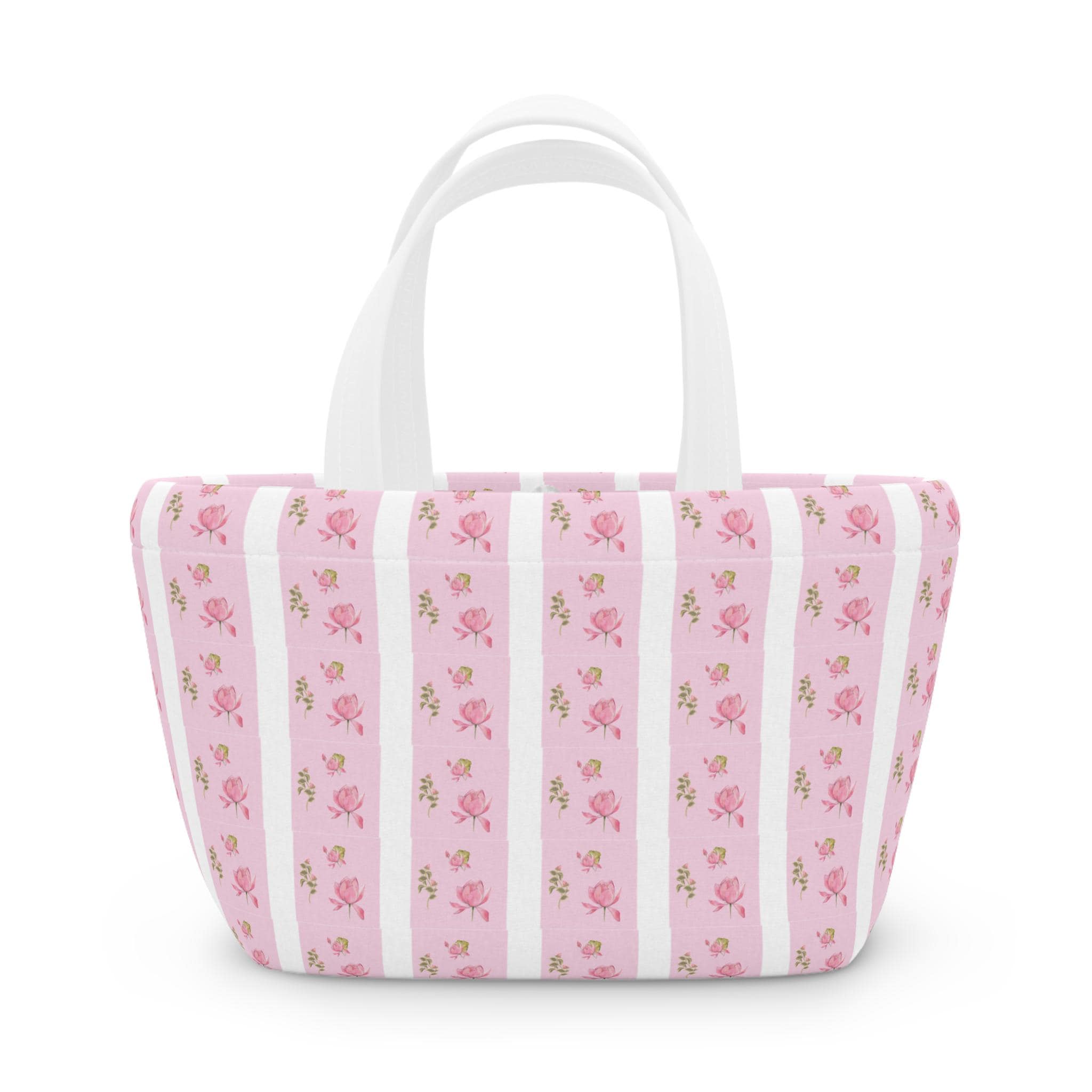 Pink Stripes Roses Floral Bag Waterproof Neoprene Lunchette
