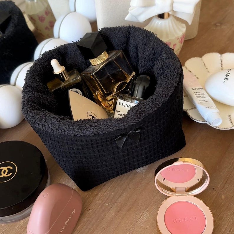 Black Waffle Knit Terrycloth Makeup Organizer | Machine Washable | Makeup Bag | Cotton | USA handmade @ayjaythelabel | Cute Gift for Her image 5